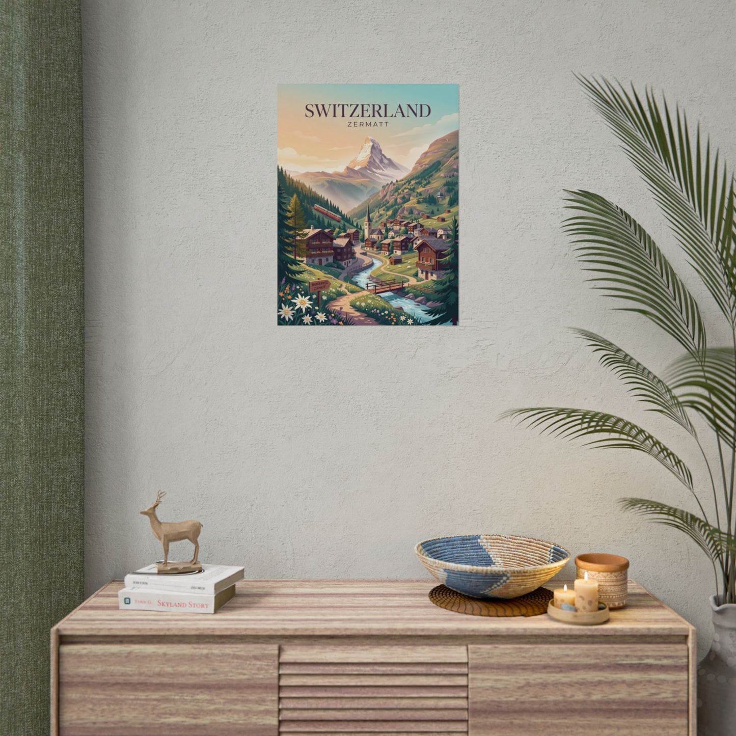 Small Switzerland Zermatt vintage landscape poster, mountains and village scene