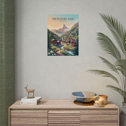 Small Switzerland Zermatt vintage landscape poster, mountains and village scene