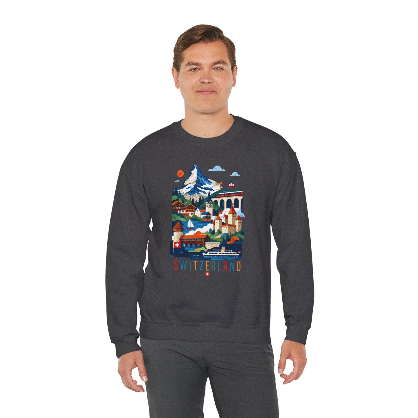 Charcoal gray crewneck sweatshirt with colorful Switzerland landscape graphic on front.