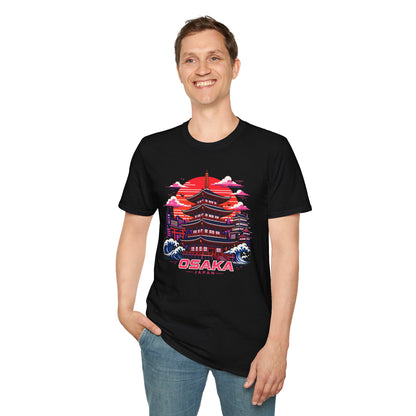 Black T-shirt with Osaka graphic print on the front, worn by a smiling person.