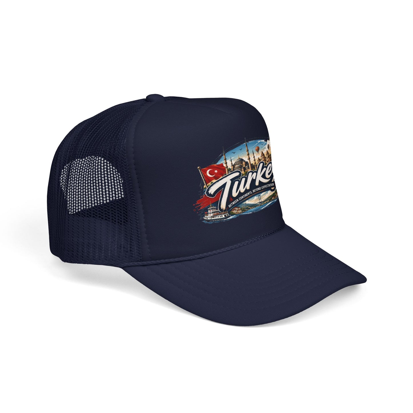 Navy trucker hat with mesh back and Turkey-themed front graphic