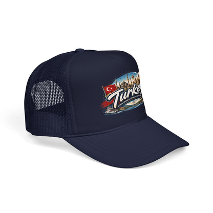 Navy trucker hat with mesh back and Turkey-themed front graphic