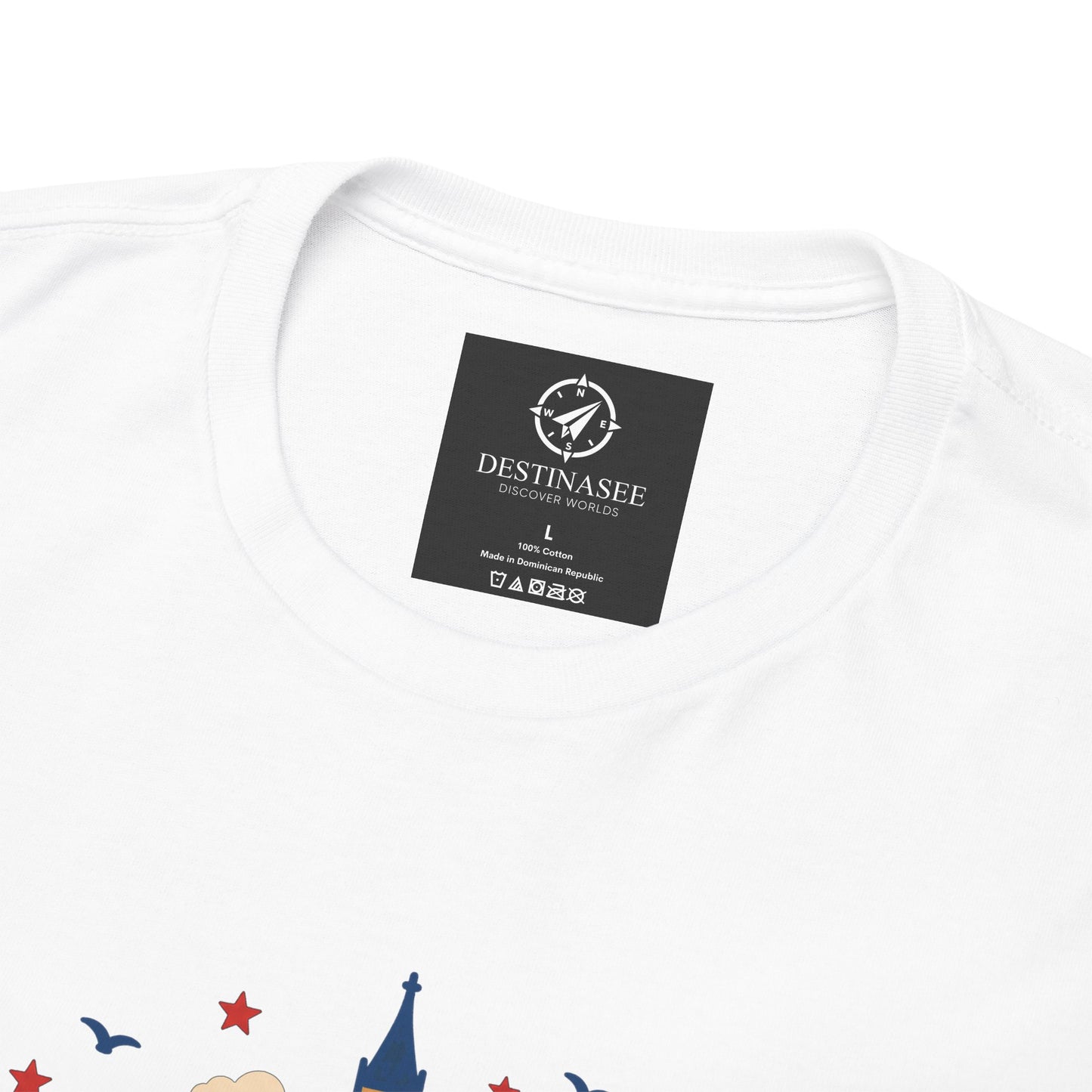 White crew-neck T-shirt with neck label and partial London skyline graphic