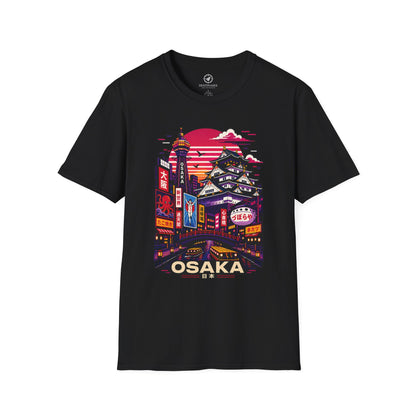 Black crew-neck T-shirt with colorful Osaka cityscape graphic on the front