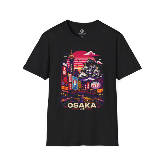 Black crew-neck T-shirt with colorful Osaka cityscape graphic on the front