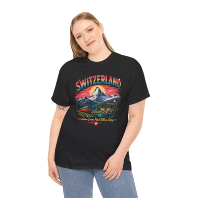 Black crew-neck T-shirt on a woman with Switzerland mountain front graphic.