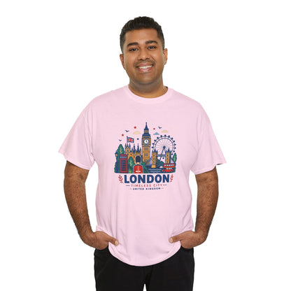 Light pink t-shirt with colorful city skyline graphic on the front
