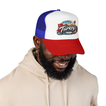 White-and-blue mesh trucker hat with red brim and Turkey-themed front graphic