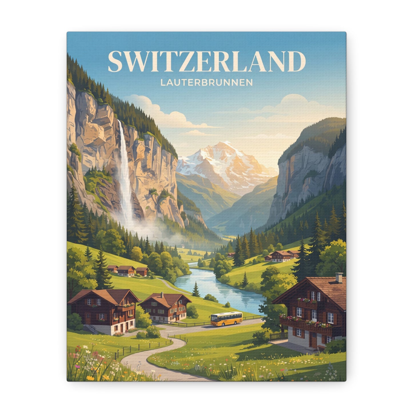 Square canvas wall art showing Switzerland valley scene with mountains, houses, river, and train