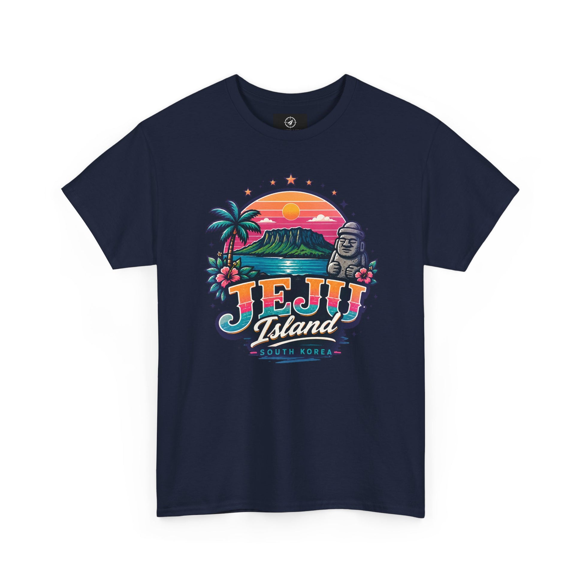 Navy t-shirt with colorful “JEJU Island” sunset logo and South Korea text graphic