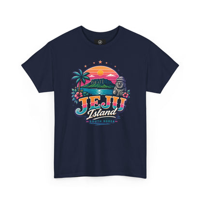 Navy t-shirt with colorful “JEJU Island” sunset logo and South Korea text graphic