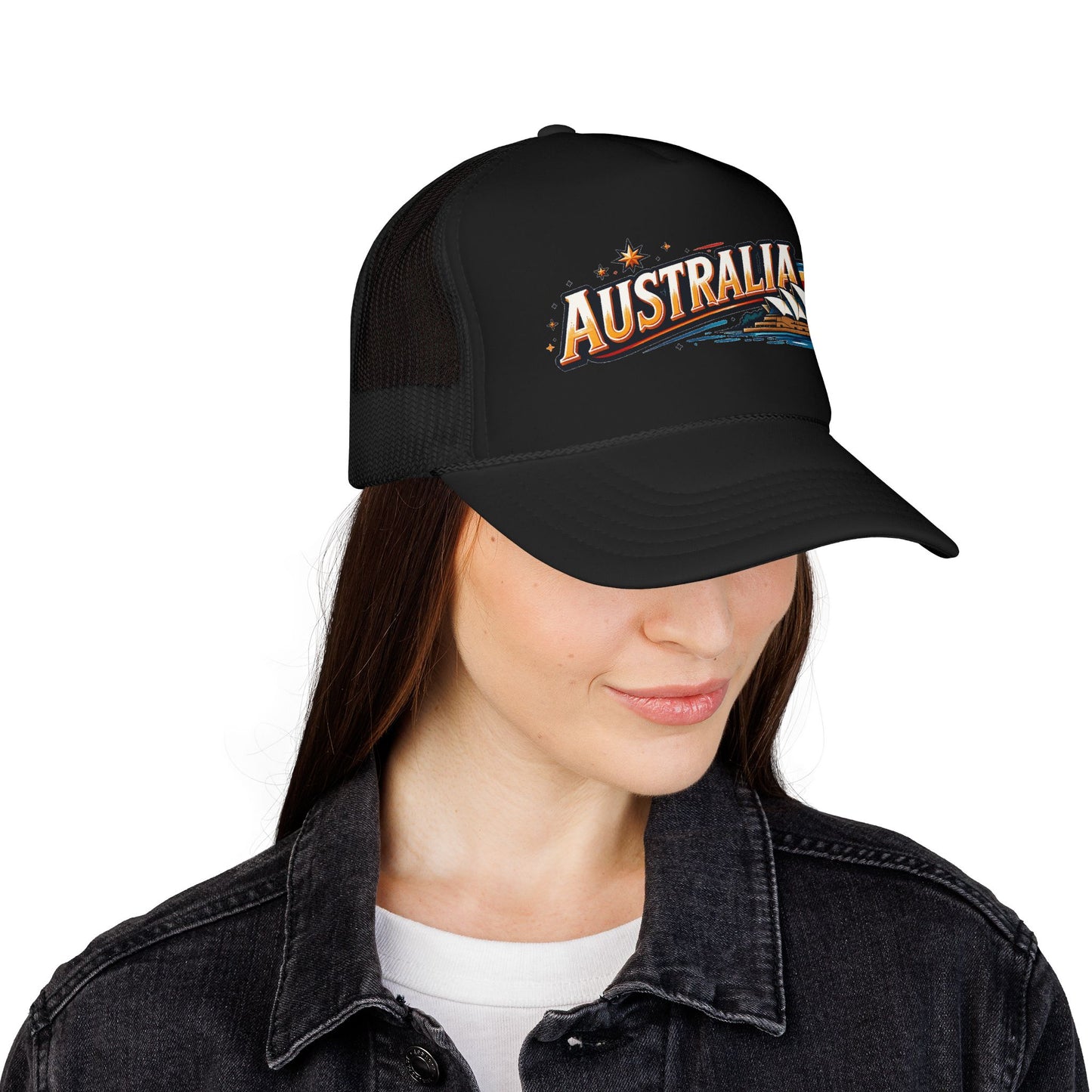 Black trucker cap with mesh side panels and embroidered AUSTRALIA graphic, curved brim.