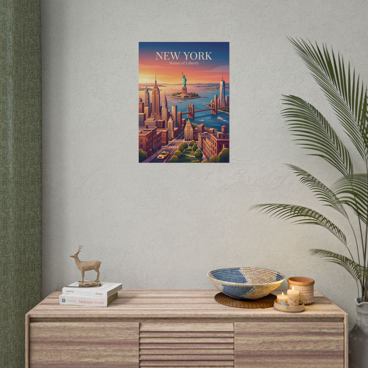 Small wall poster: New York skyline with Statue of Liberty and harbor sunset
