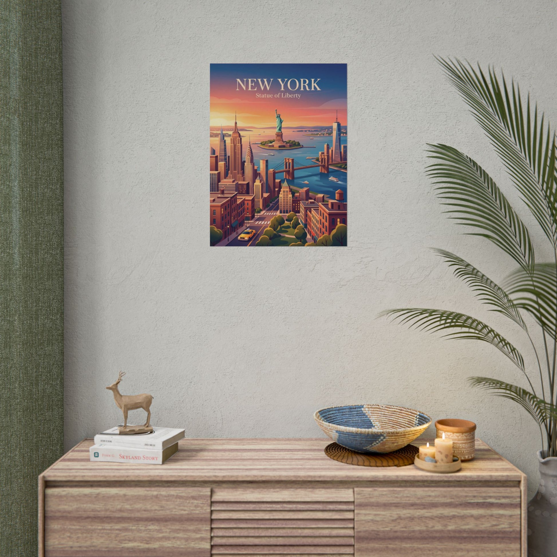 Small wall poster: New York skyline with Statue of Liberty and harbor sunset