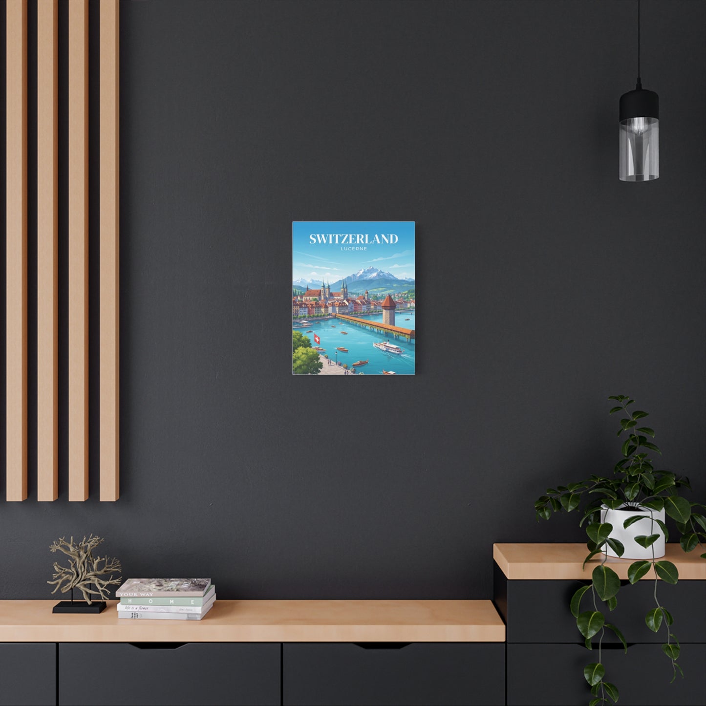 Matte canvas wall art showing a small Switzerland Lucerne cityscape with boats and bridge