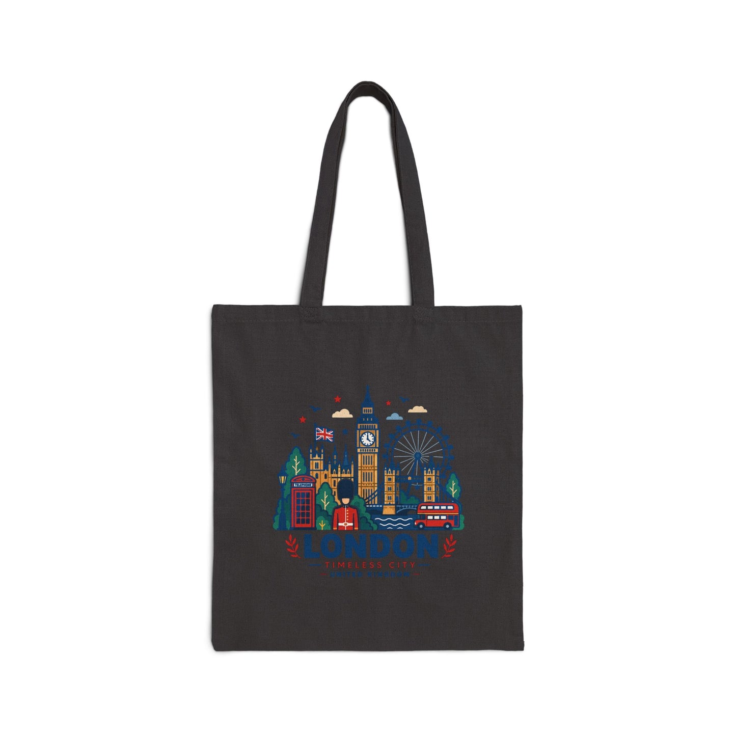 Black canvas tote bag with colorful London skyline graphic on the front