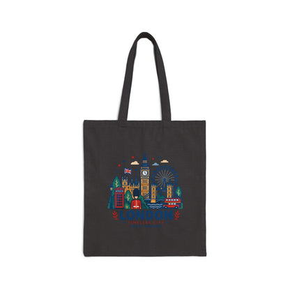 Black canvas tote bag with colorful London skyline graphic on the front