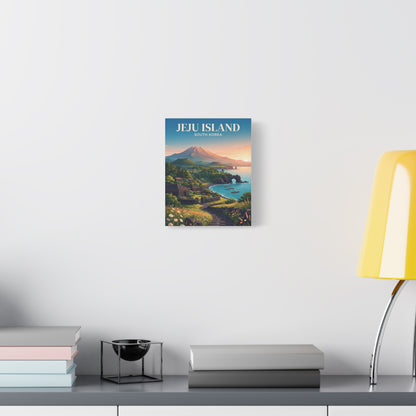 Small matte canvas wall art showing Jeju Island coast with volcano sunset and boats.
