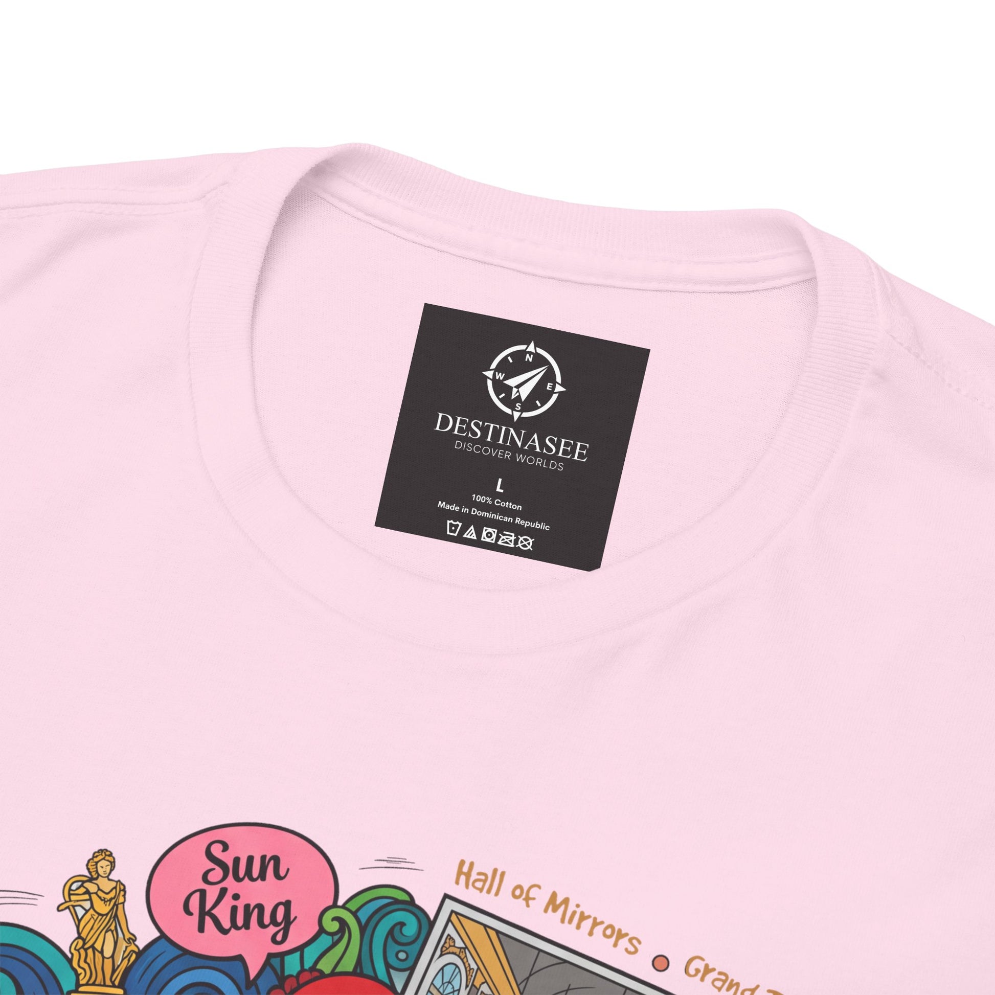 Versailles France illustration T-shirt close-up in light pink, neck label and graphic