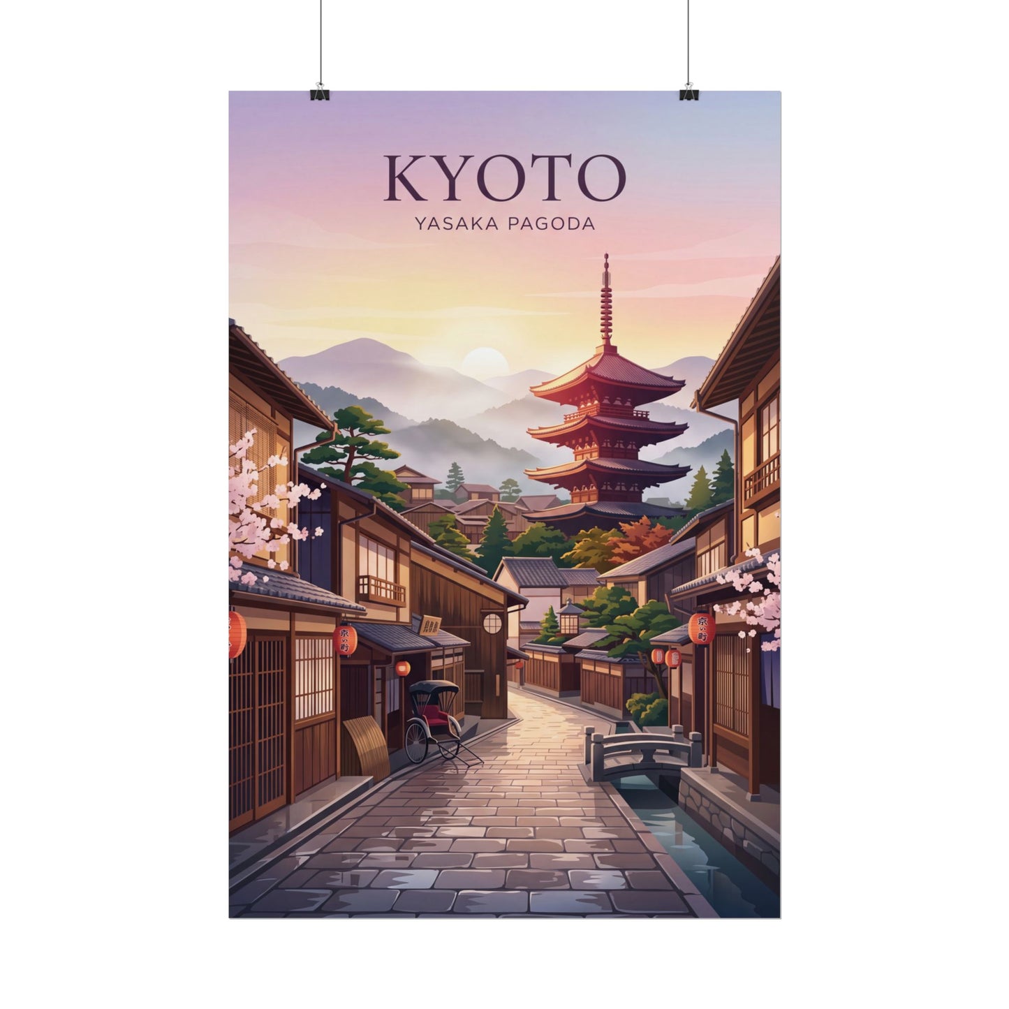 Rolled poster with clips: Kyoto street and Yasaka Pagoda, warm sunset colors and sign text.