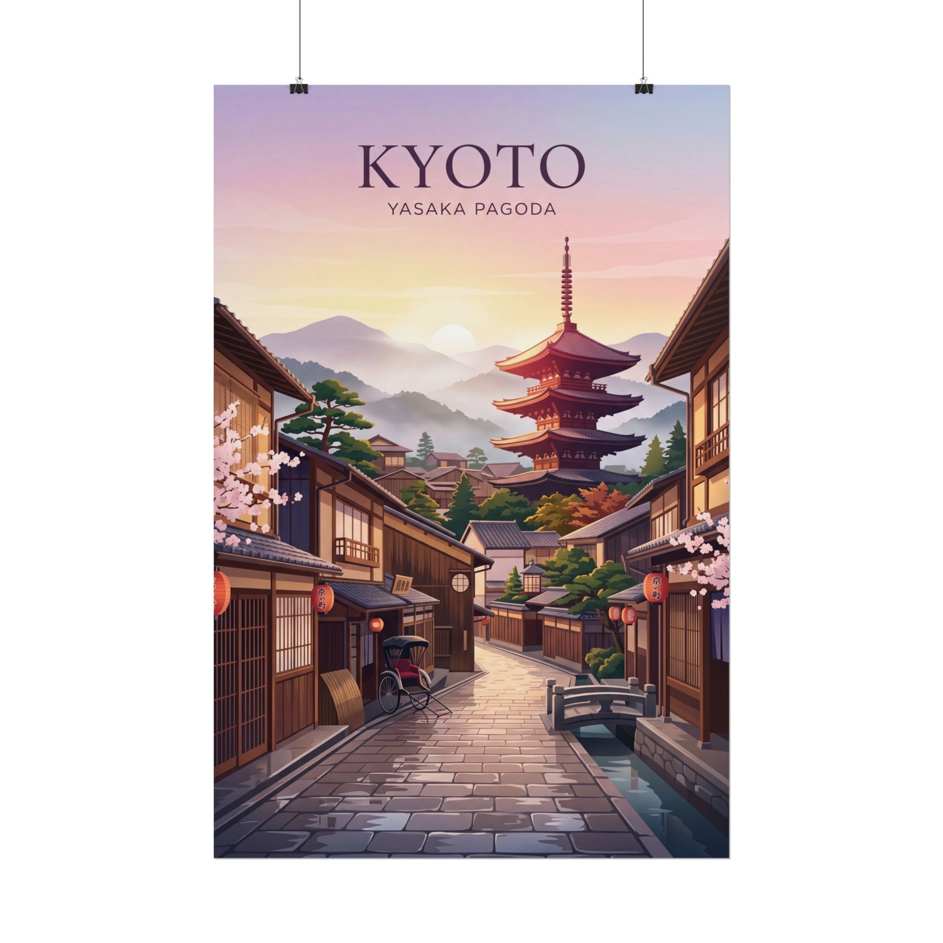 Rolled poster with clips: Kyoto street and Yasaka Pagoda, warm sunset colors and sign text.