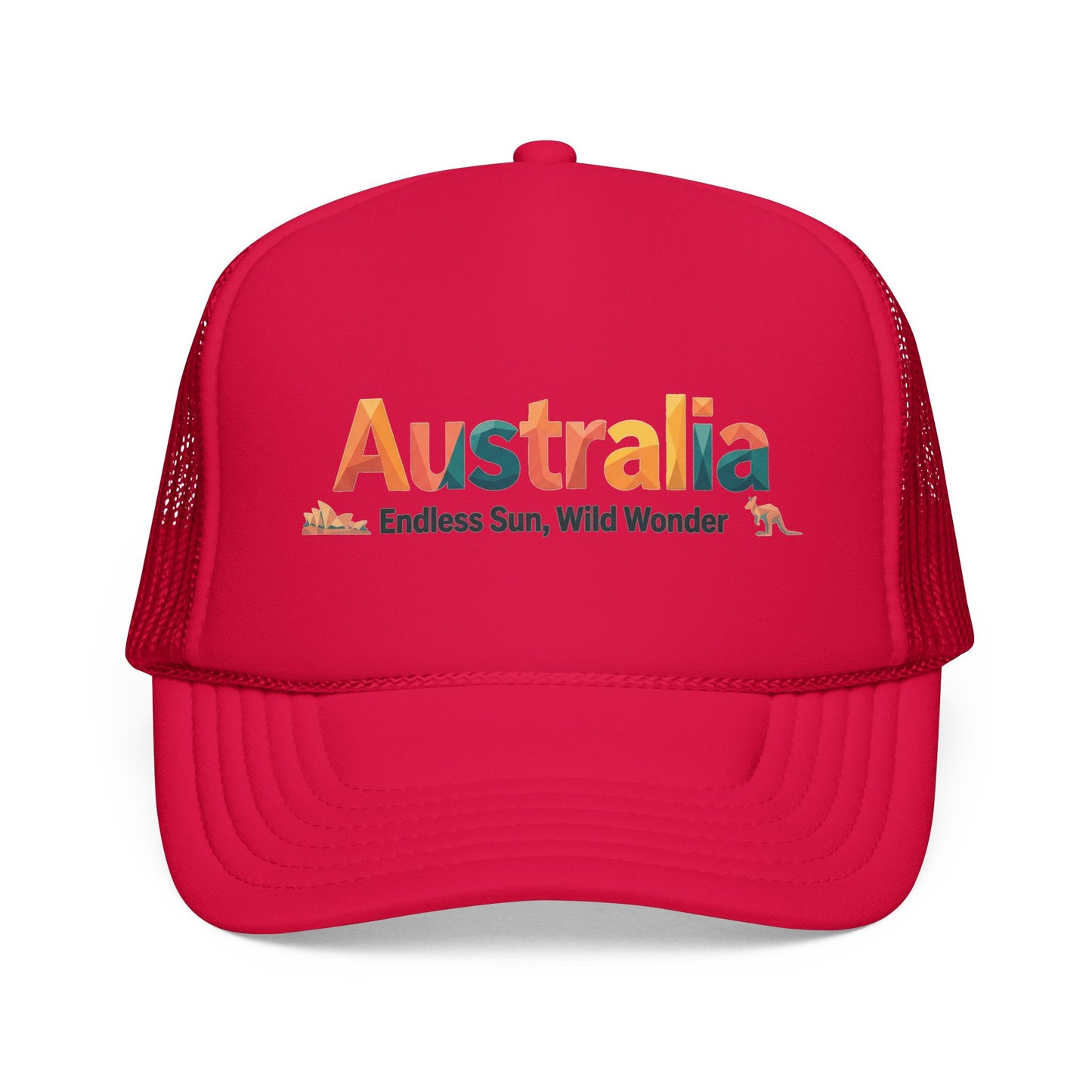 Red mesh trucker cap with 'Australia' front logo and curved brim