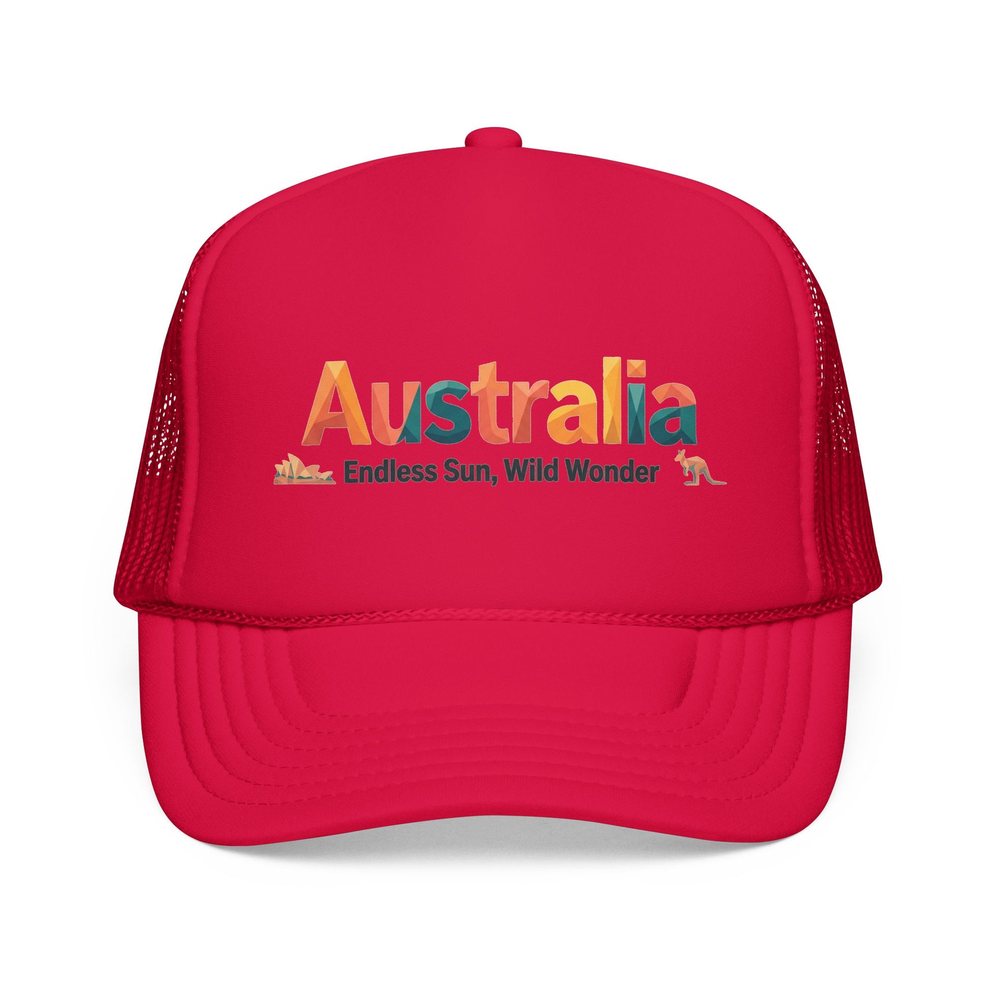 Red mesh trucker cap with 'Australia' front logo and curved brim