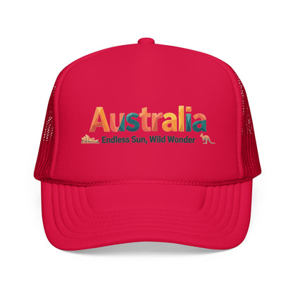 Red mesh trucker cap with 'Australia' front logo and curved brim