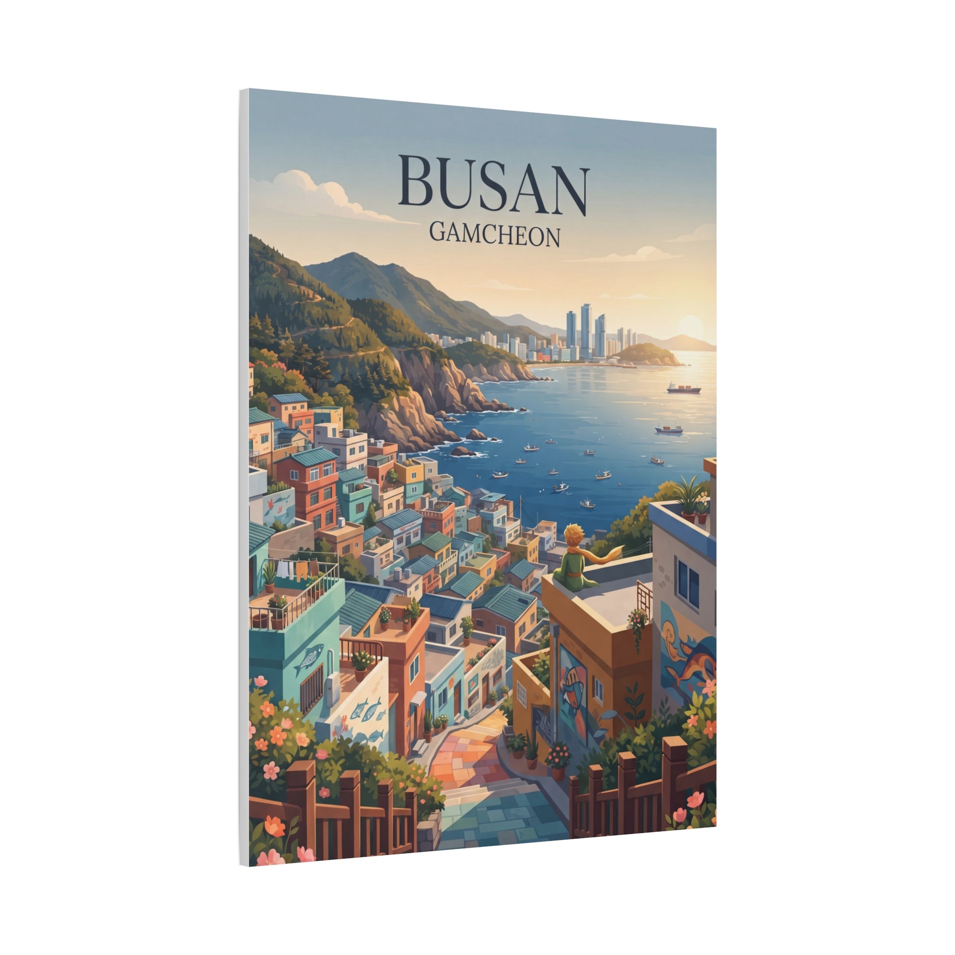 Matte canvas wall art, vertical: BUSAN GAMCHEON harbor scene with hills, boats, and homes
