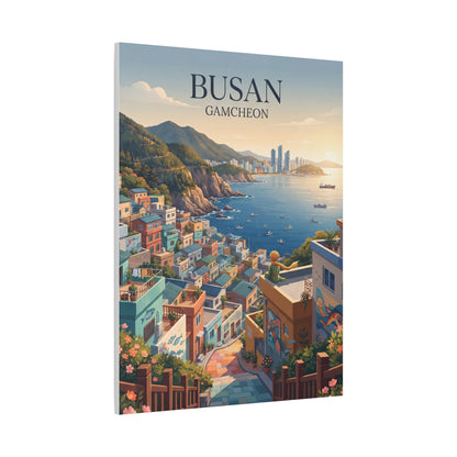 Matte canvas wall art, vertical: BUSAN GAMCHEON harbor scene with hills, boats, and homes