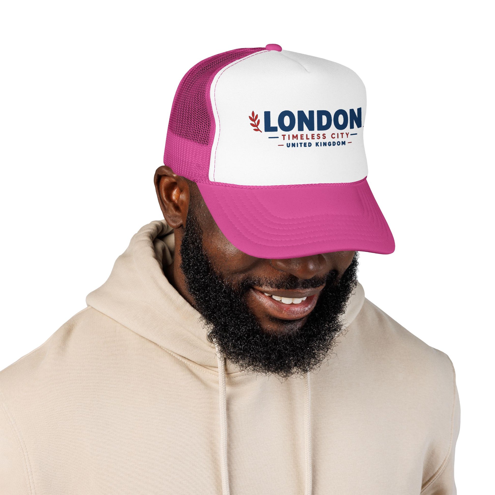 Pink-and-white trucker hat with white front panel, pink mesh sides, LONDON logo