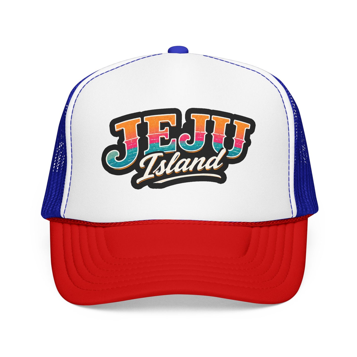 White and royal blue foam trucker hat with front “JEJU Island” logo patch