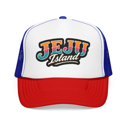 White and royal blue foam trucker hat with front “JEJU Island” logo patch
