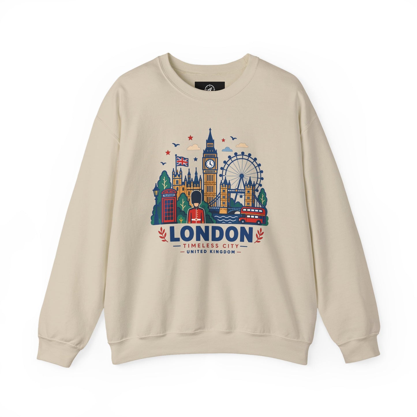 Light sand crewneck sweatshirt with colorful London skyline graphic on front