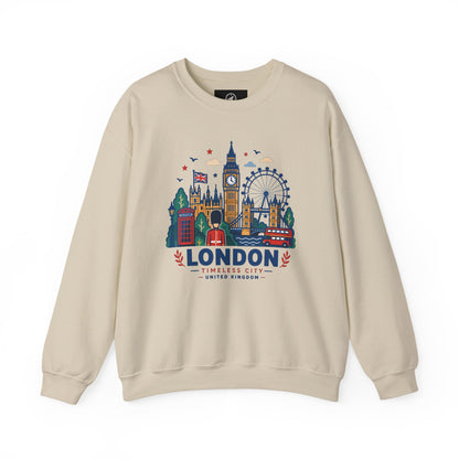 Light sand crewneck sweatshirt with colorful London skyline graphic on front