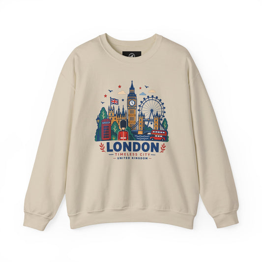 Light sand crewneck sweatshirt with colorful London skyline graphic on front