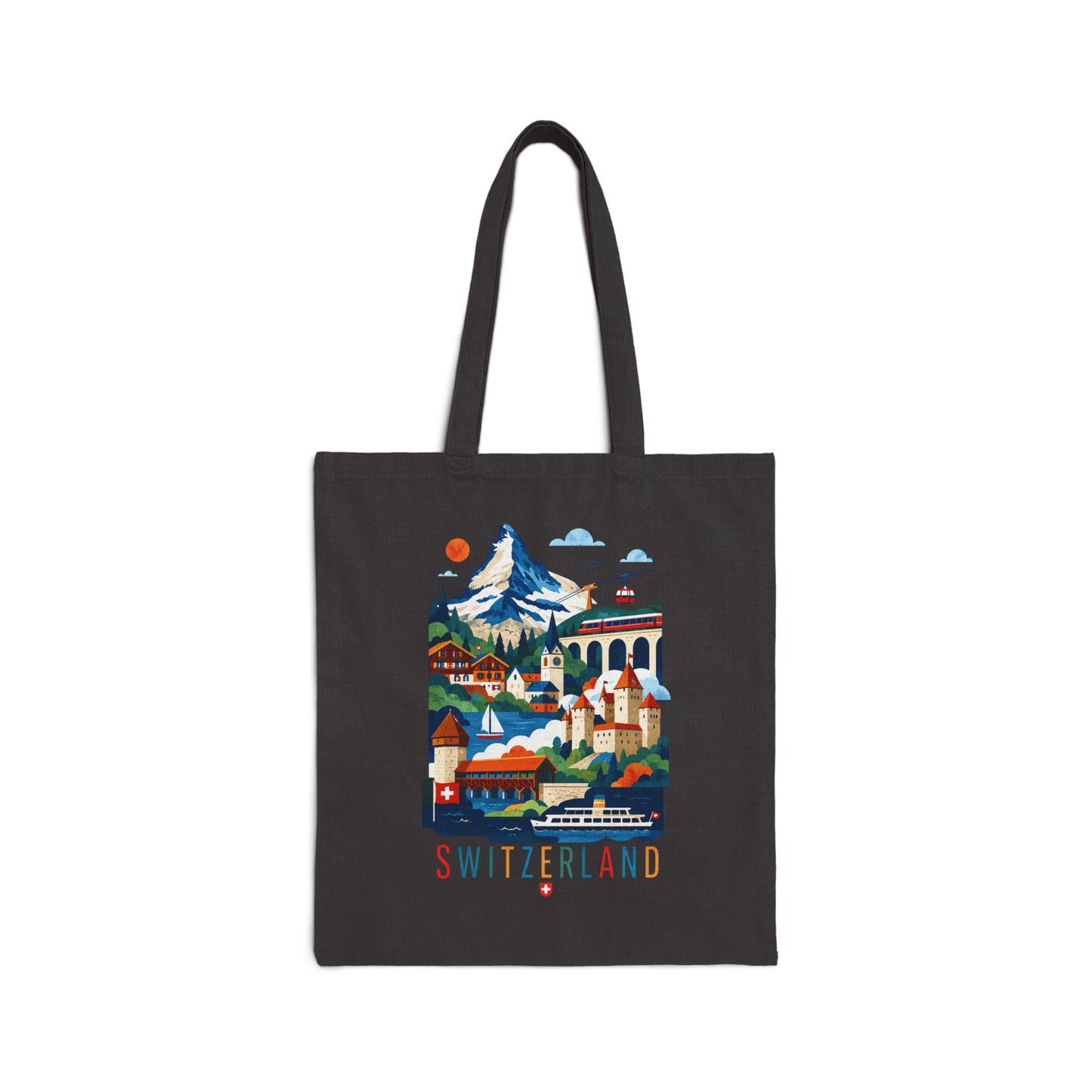 Black canvas tote bag with colorful Switzerland scenic print and red “SWITZERLAND” text.