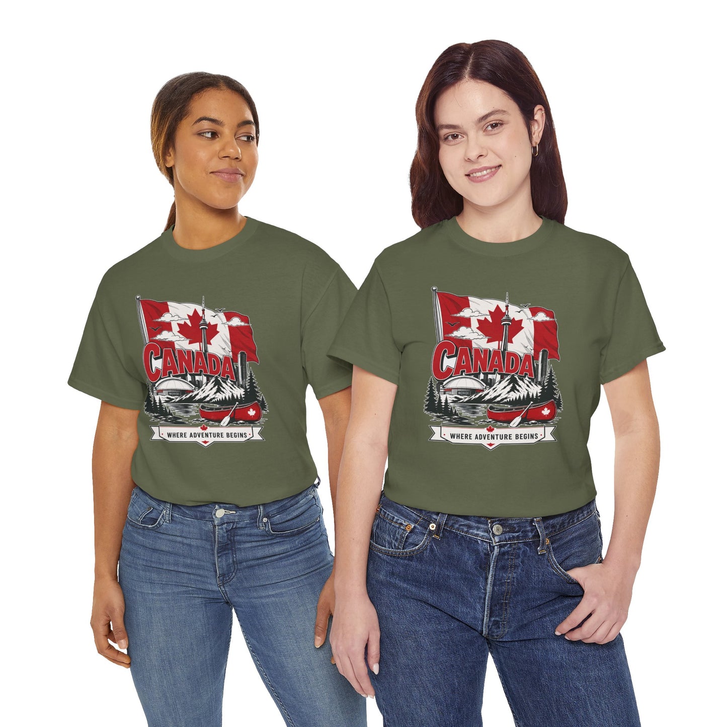 Olive green Canada graphic T-shirt with red maple leaf and canoe chest print