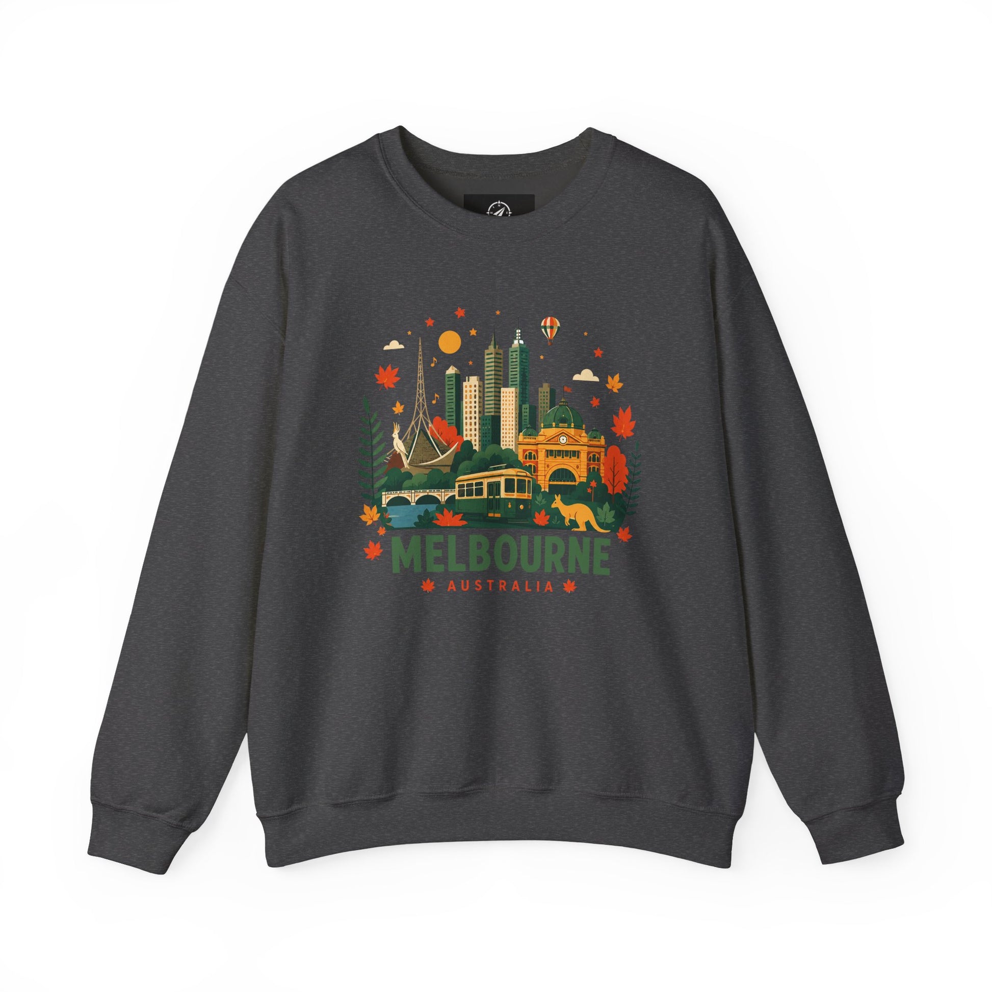 Dark gray sweatshirt with Melbourne city graphic on front