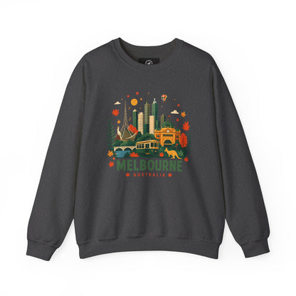 Dark gray sweatshirt with Melbourne city graphic on front