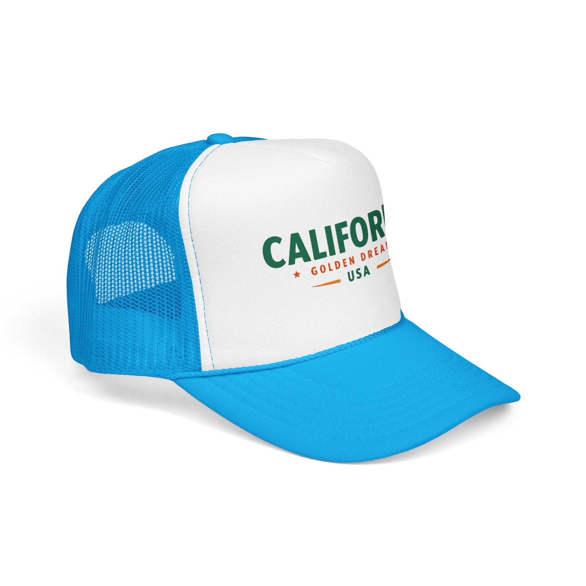 Blue and white trucker hat with front logo and breathable mesh side panels