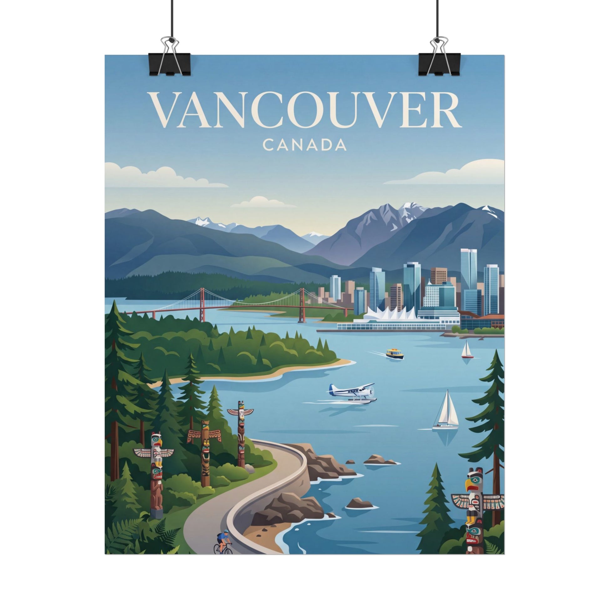 Vancouver Canada poster with blue river, mountains, skyline, and forest