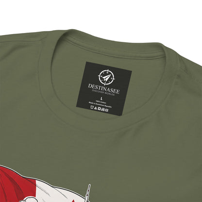 Olive green T-shirt close-up of neck label with partial Canada graphic artwork