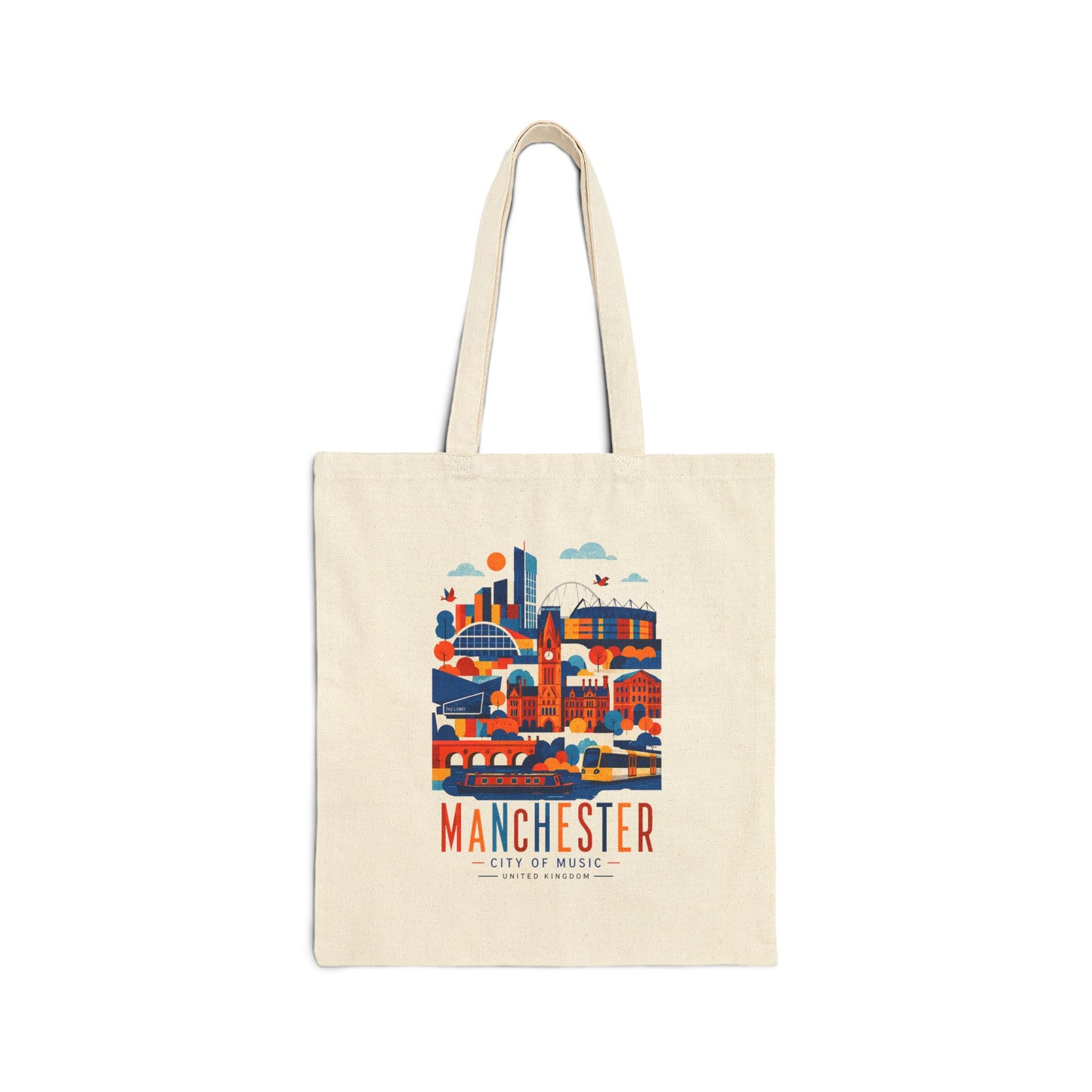 Natural cotton tote bag with long handles and Manchester skyline graphic front.