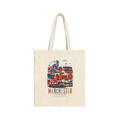 Natural cotton tote bag with long handles and Manchester skyline graphic front.