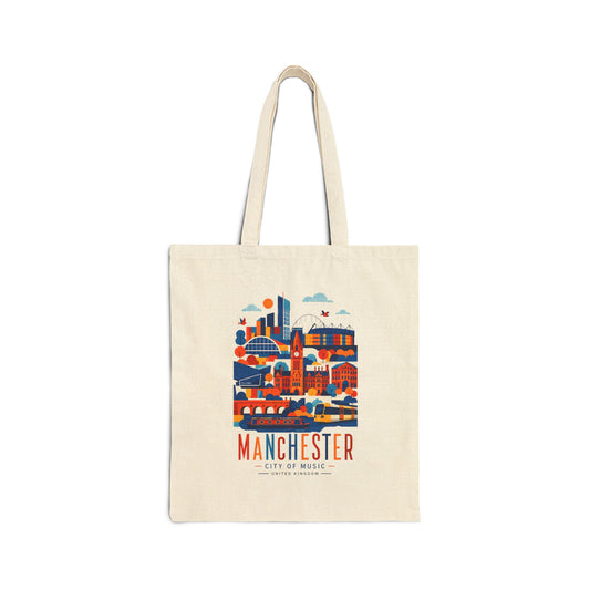 Natural cotton tote bag with long handles and Manchester skyline graphic front.