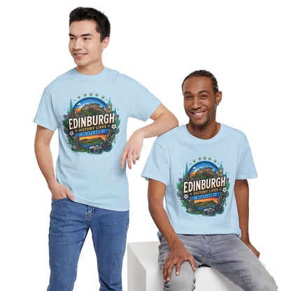 Light blue crewneck T-shirt with front circular Edinburgh scene graphic