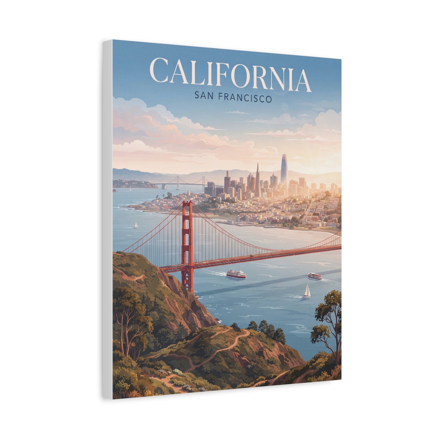 Golden Gate Bridge canvas wall art with red tower and San Francisco skyline