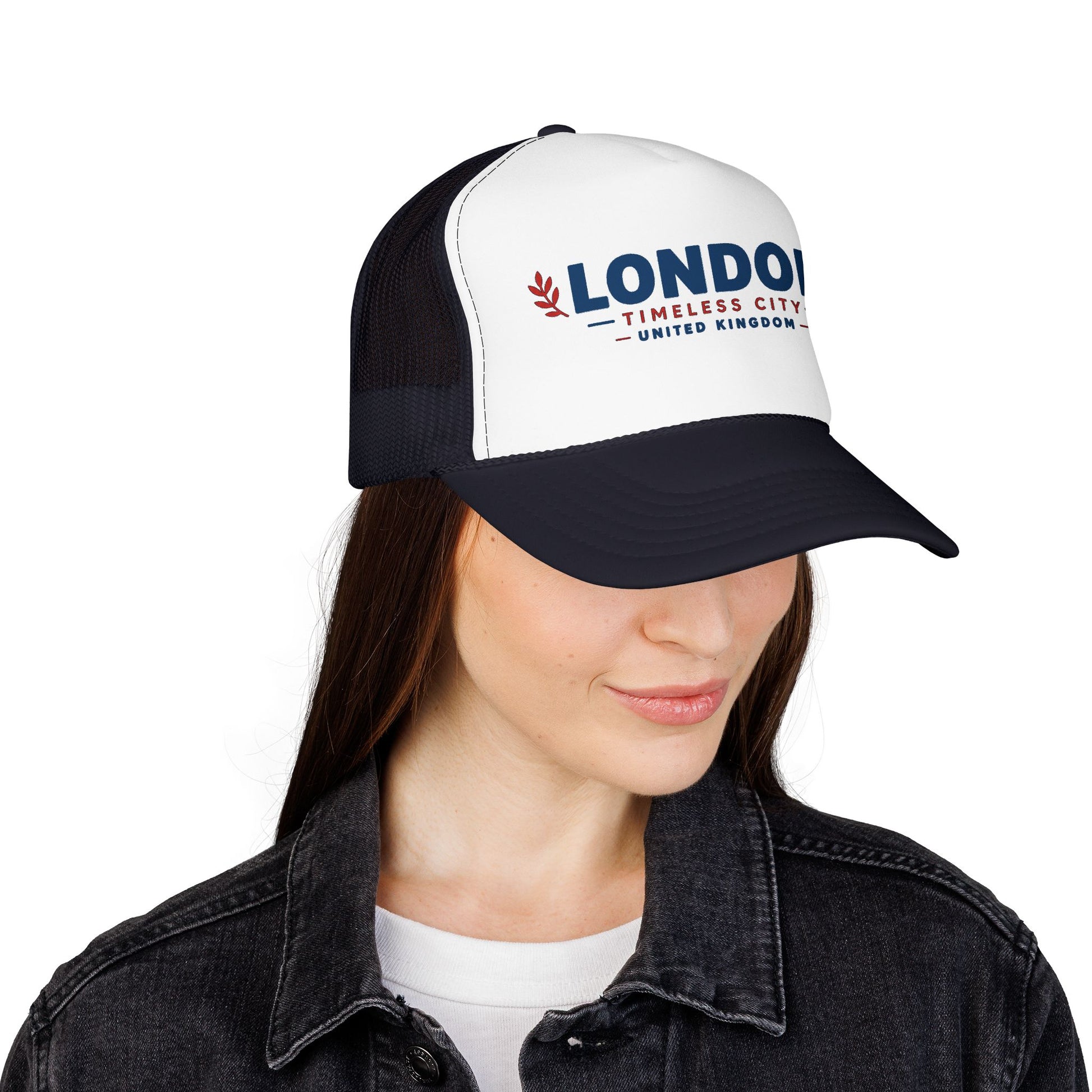 London Timbers trucker hat with white front, dark navy mesh panels, and LONDON logo.