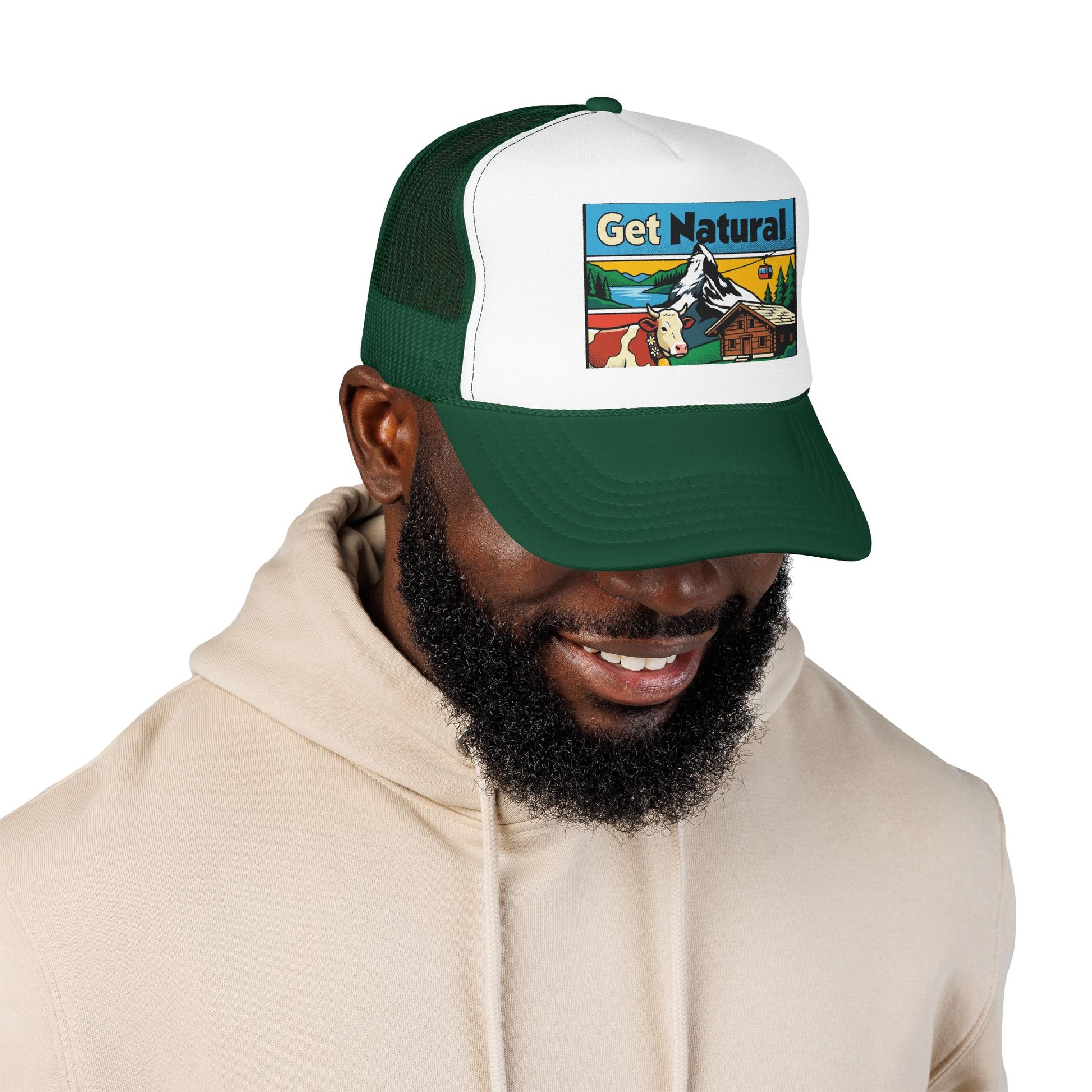 Green and white trucker hat with front logo patch, curved brim and mesh back